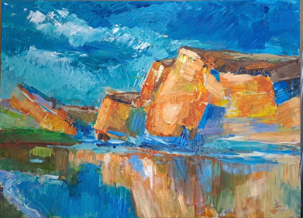 Rotsen aan Zee - Levendig Landschap Schilderij, Ophalen of Verzenden