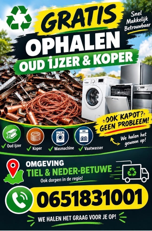 Gratis Ophalen: Oud IJzer, Koper & Witgoed in Tiel e.o., Ophalen
