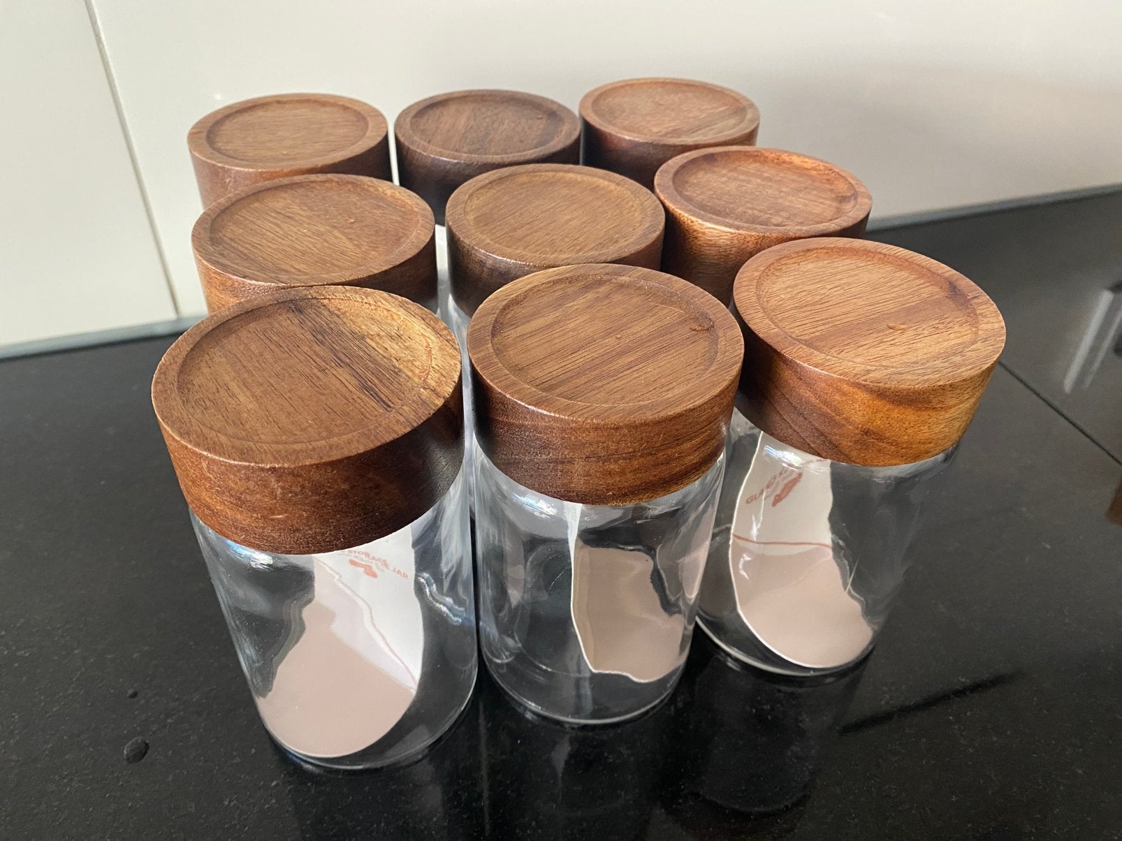 NIEUW 10 x kruidenpotjes met houtendeksel 245 ml, Pot, Bus of Blik, Nieuw, Ophalen of Verzenden, Glas