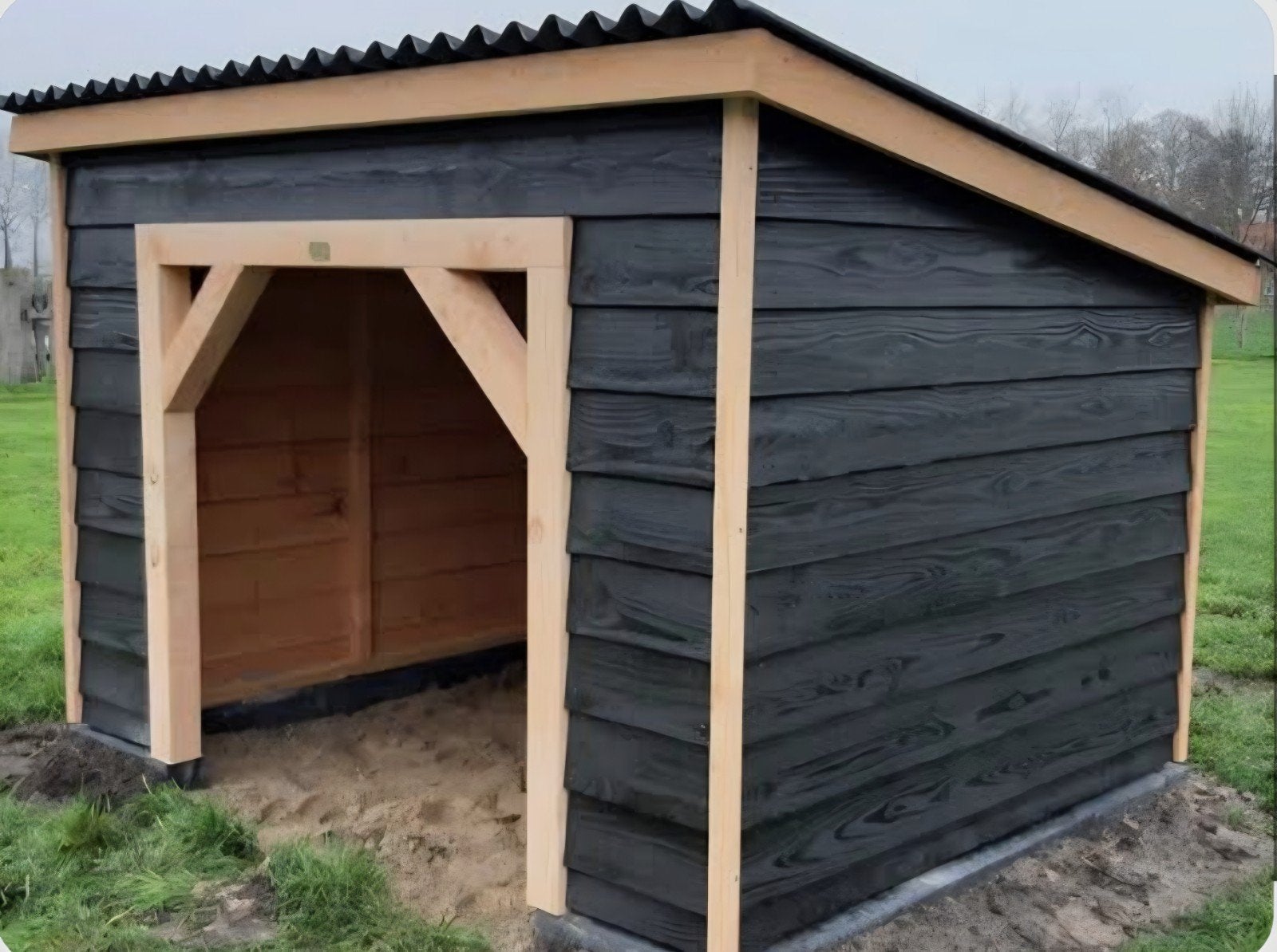 Houten Tuinhuis/Schuur met Overkapping - Zwart