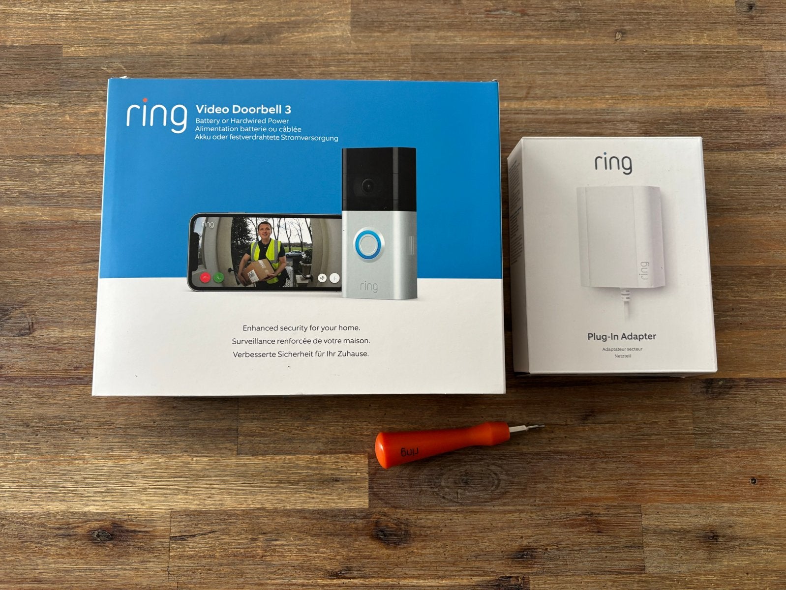 Ring Video Doorbell 3 met Plug-in Adapter, Ophalen of Verzenden, Bewegingsdetectiesensor, Zo goed als nieuw, Draadloos