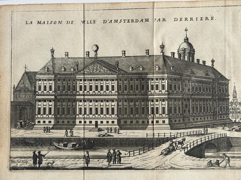 Achterzijde - Gravure Paleis op de Dam / Amsterdam - P0879, Antiek en Kunst, Kunst | Etsen en Gravures, Ophalen of Verzenden, Ets
