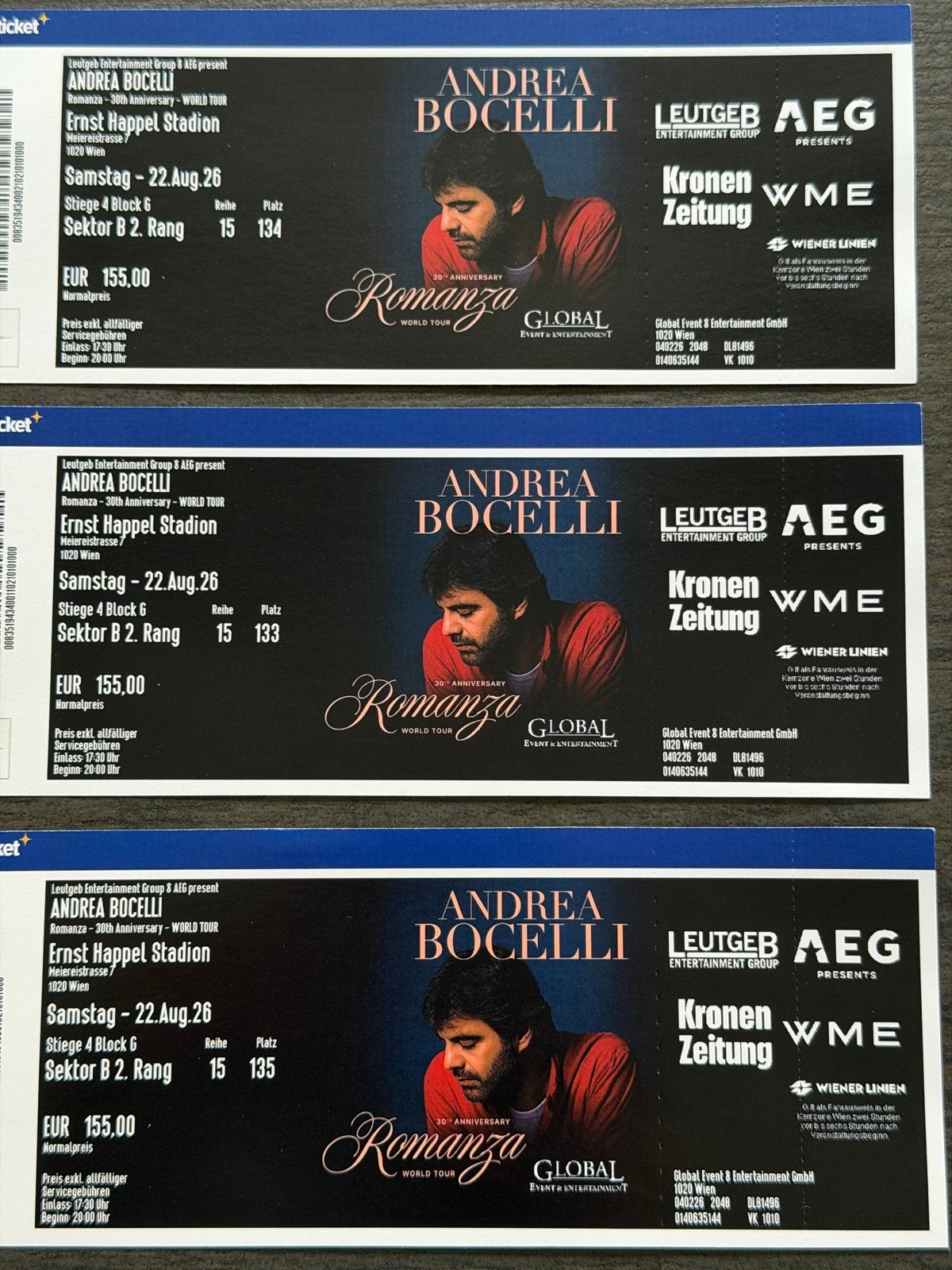 Andrea Bocelli Wenen Concert 22-8-26, Tickets en Kaartjes, Drie personen of meer