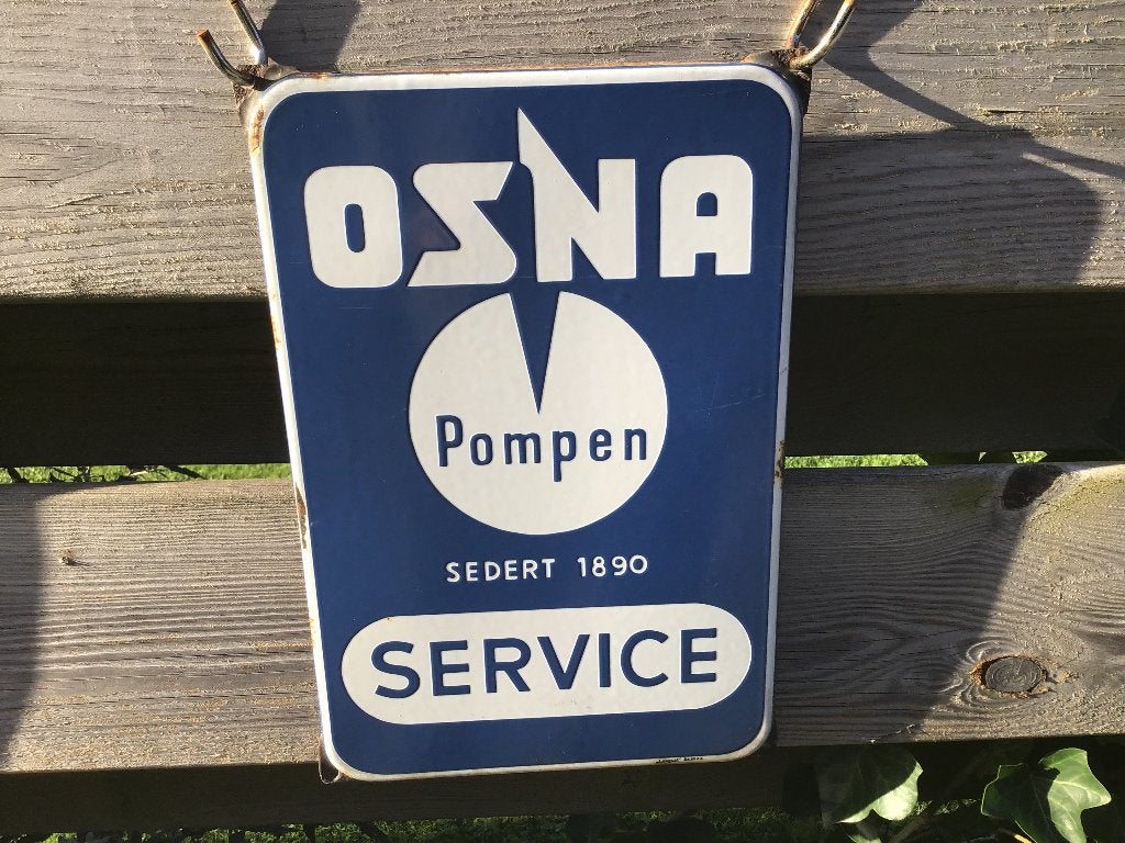Osna pompen emaille reclamebord., Ophalen of Verzenden, Gebruikt, Reclamebord