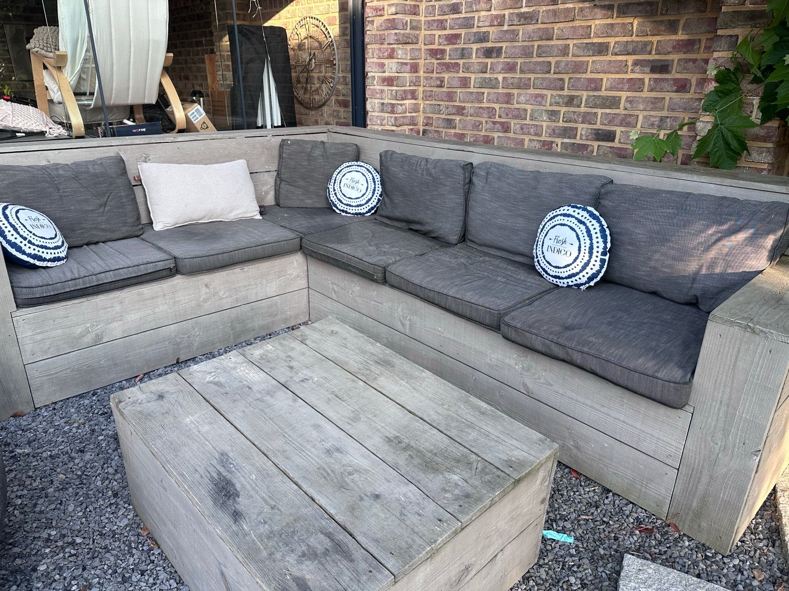 Zelfgemaakte Douglas Houten Loungeset met Tafel, Ophalen, 5 zitplaatsen, Gebruikt, Loungeset