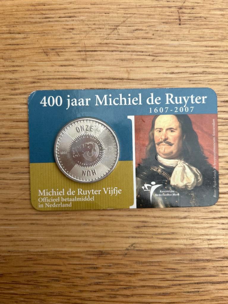 Michiel de Ruyter Vijfje Zilveren €5,- munt, Koningin Beatrix, Zilver, Euro's, Ophalen of Verzenden