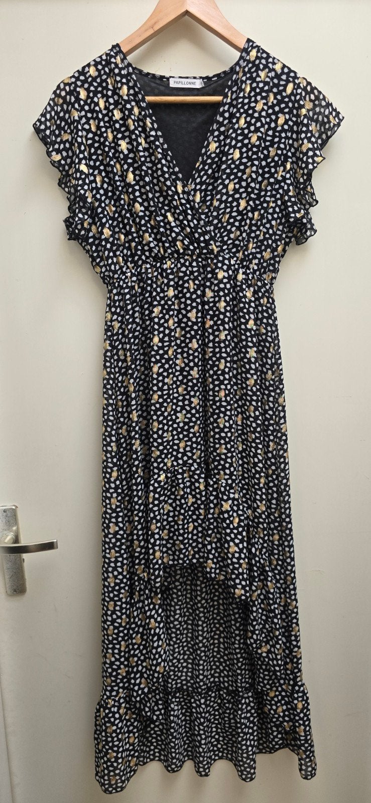 Zwarte Papillonne jurk met goudkleurige stippen, Kleding | Dames, Maat 38/40 (M), Zwart, Papillonne, Ophalen of Verzenden