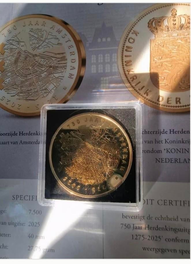 Amsterdam 750 Jaar Herdenkingsmunt verguld, Postzegels en Munten, Munten | Nederland, Ophalen of Verzenden, Koningin Beatrix, Overige waardes