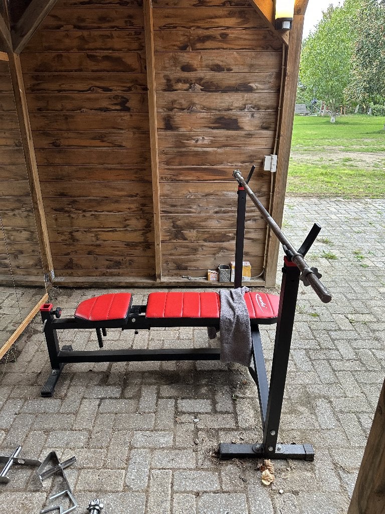 Benchpress incl. dumbell, barbell halter en 88kg gewichten, Ophalen, Zo goed als nieuw, Benen, Fitnessbank