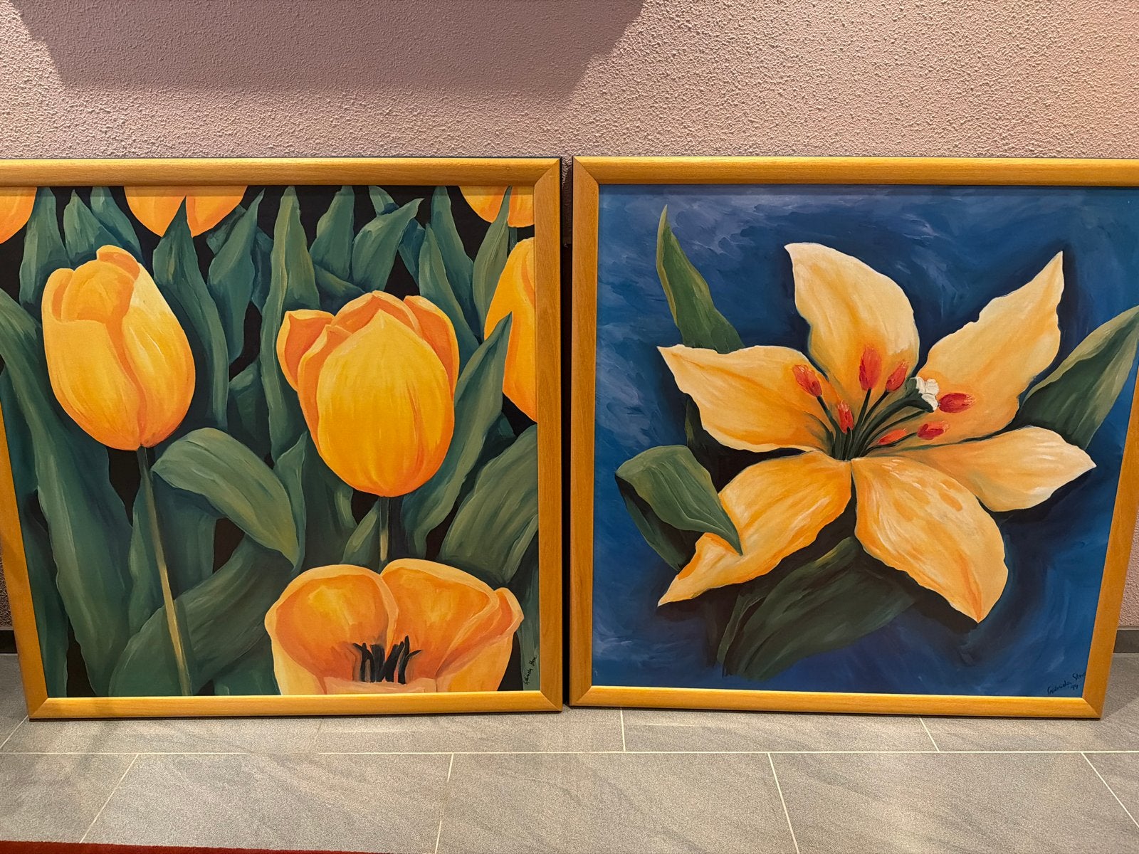 2 grote schilderijen op hardboard 107x107 cm, Antiek en Kunst, Kunst | Schilderijen | Modern, Ophalen, Hout, Ophangklaar, Bloemen