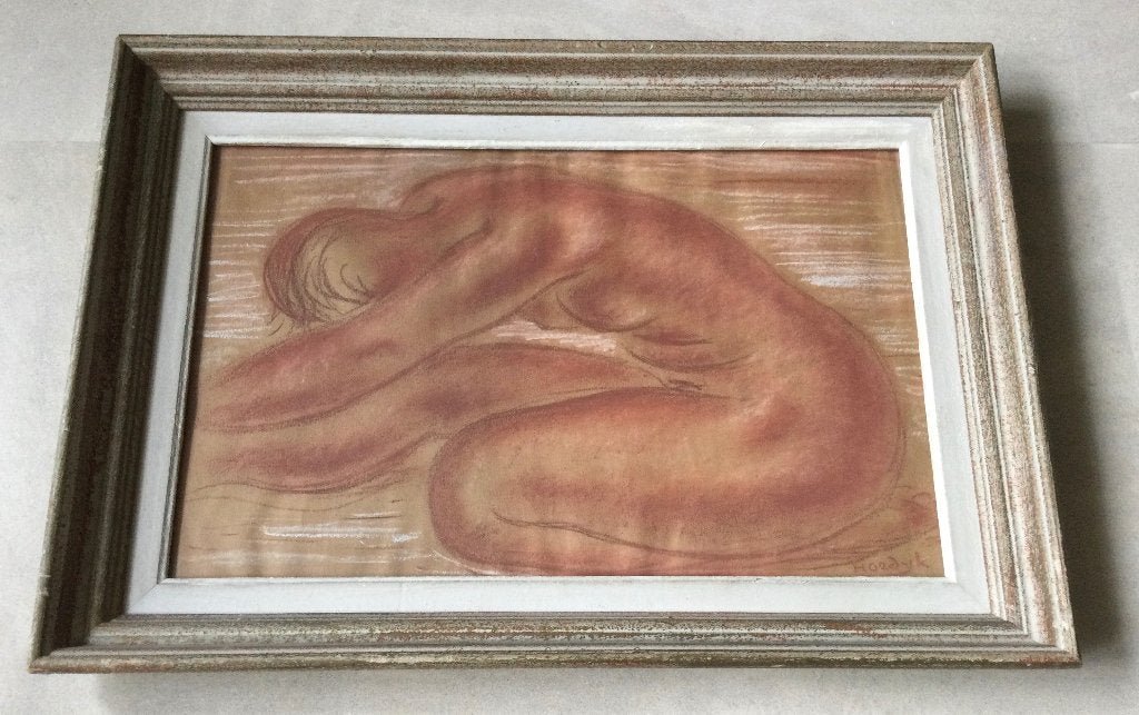 Art Deco Roodkrijttekening naakt dame door Gerard Hordijk, Verzenden