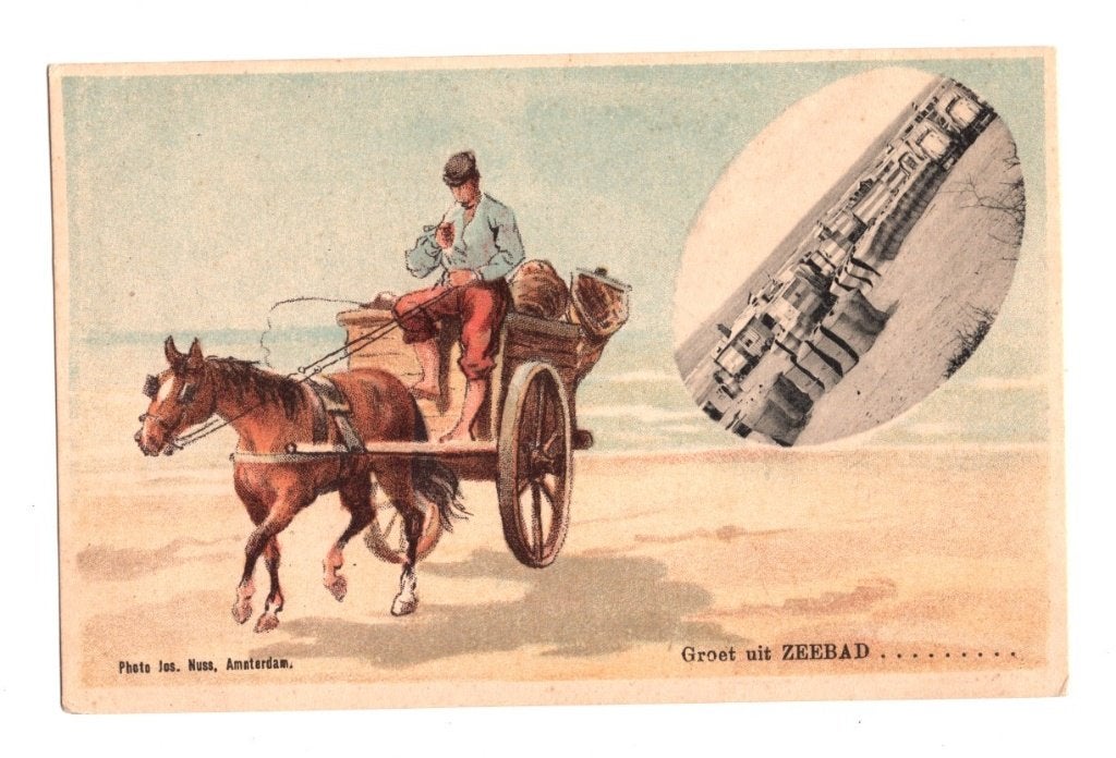 Oude Ansichtkaart Groet Uit Zeebad Paard en Kar Strand, Ophalen of Verzenden, Voor 1920, Ongelopen, Overige thema's