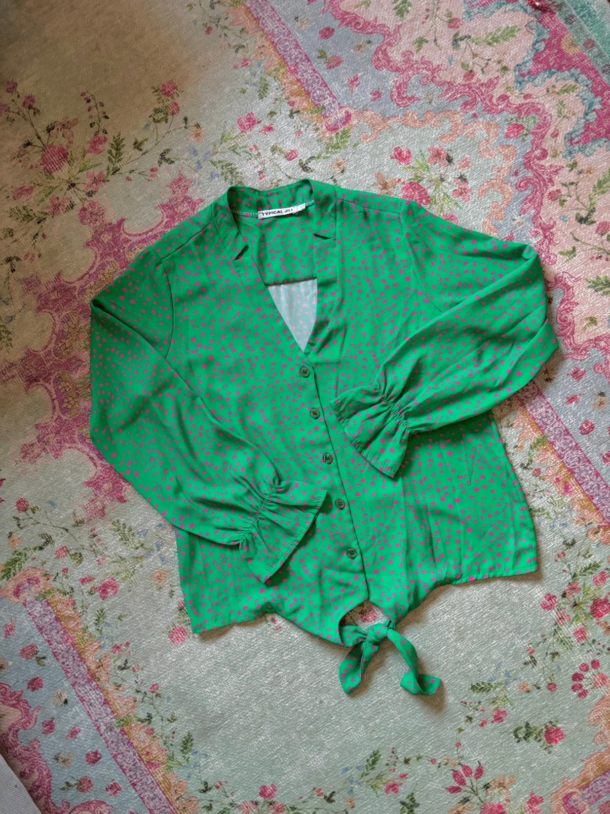 Typical Jill blouse top groen roze stipje maat S pof, Ophalen of Verzenden, Zo goed als nieuw, Lange mouw, Maat 36 (S)