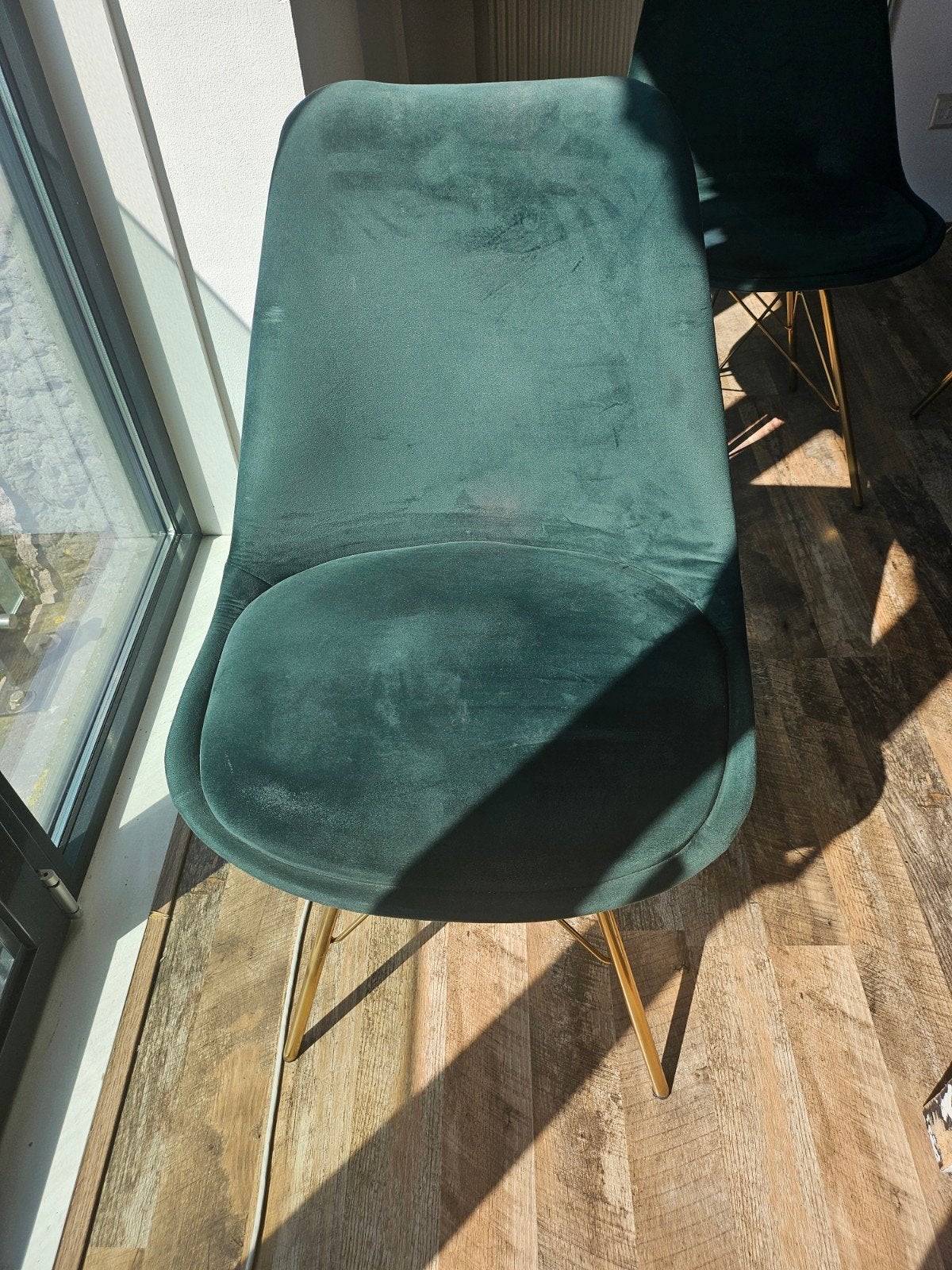 Kick stoelen in donkergroen fluweel met gouden poten 6 stuks, Ophalen, Gebruikt, Overige kleuren, Modern, Scandinavisch