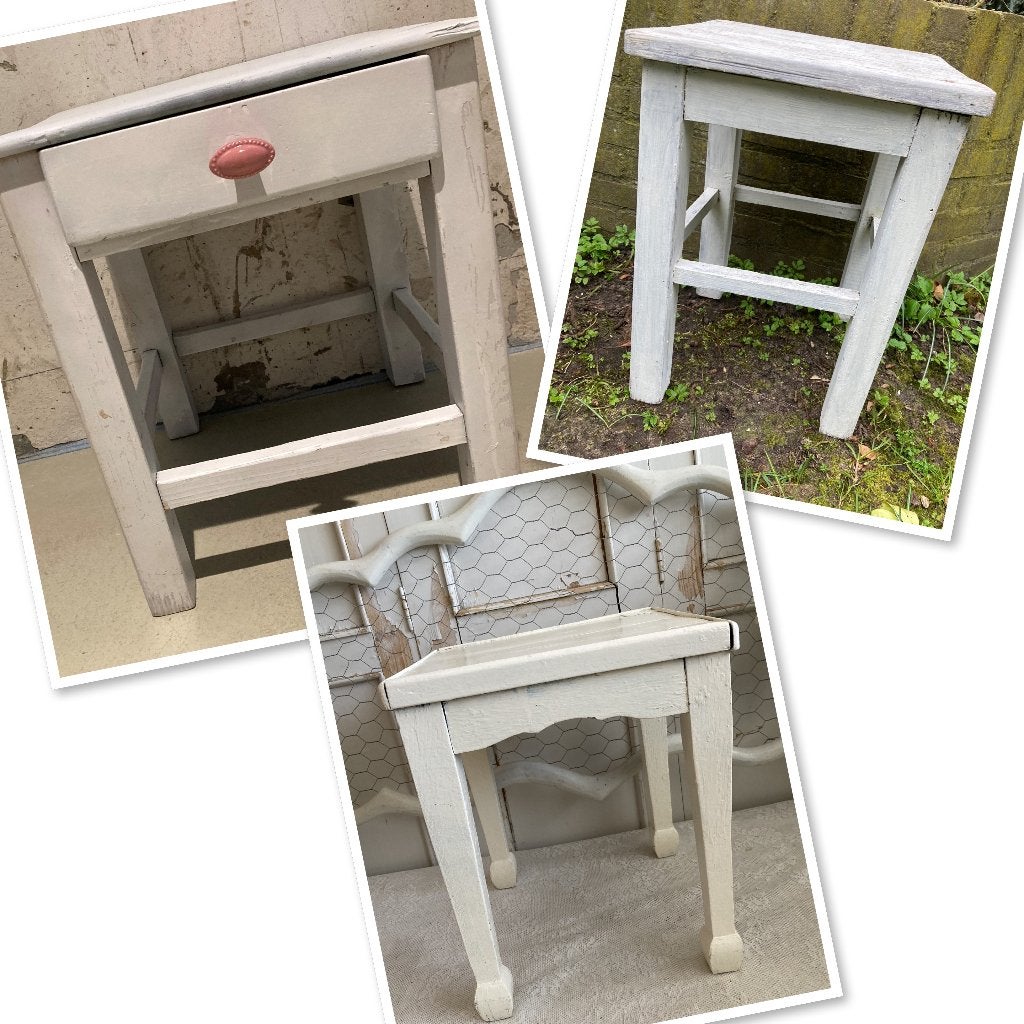 3x Brocante oude houten bijzettafeltje - krukje / wit, Antiek en Kunst, Ophalen