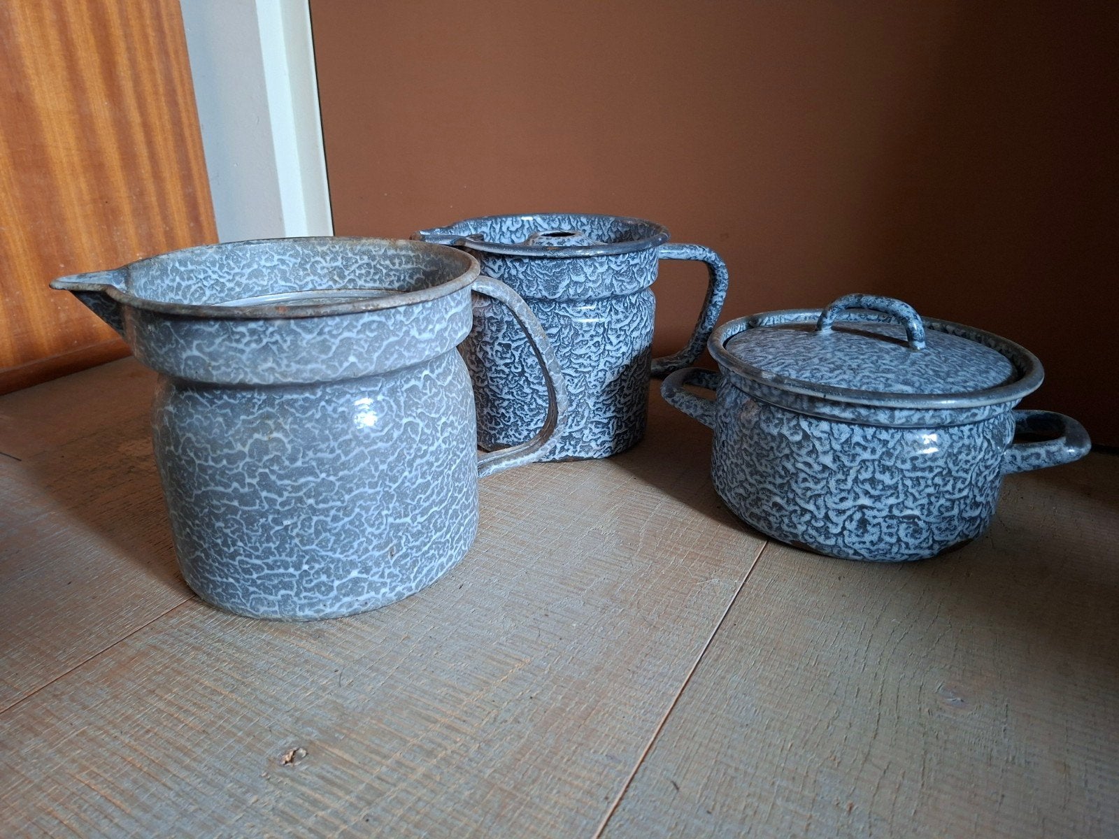 set emaille pannetjes wolkjes melkpan, Ophalen of Verzenden