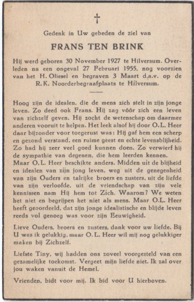 Frans ten Brink 1927 Hilversum + 1955 Hilversum, 27 jaar oud, Ophalen of Verzenden