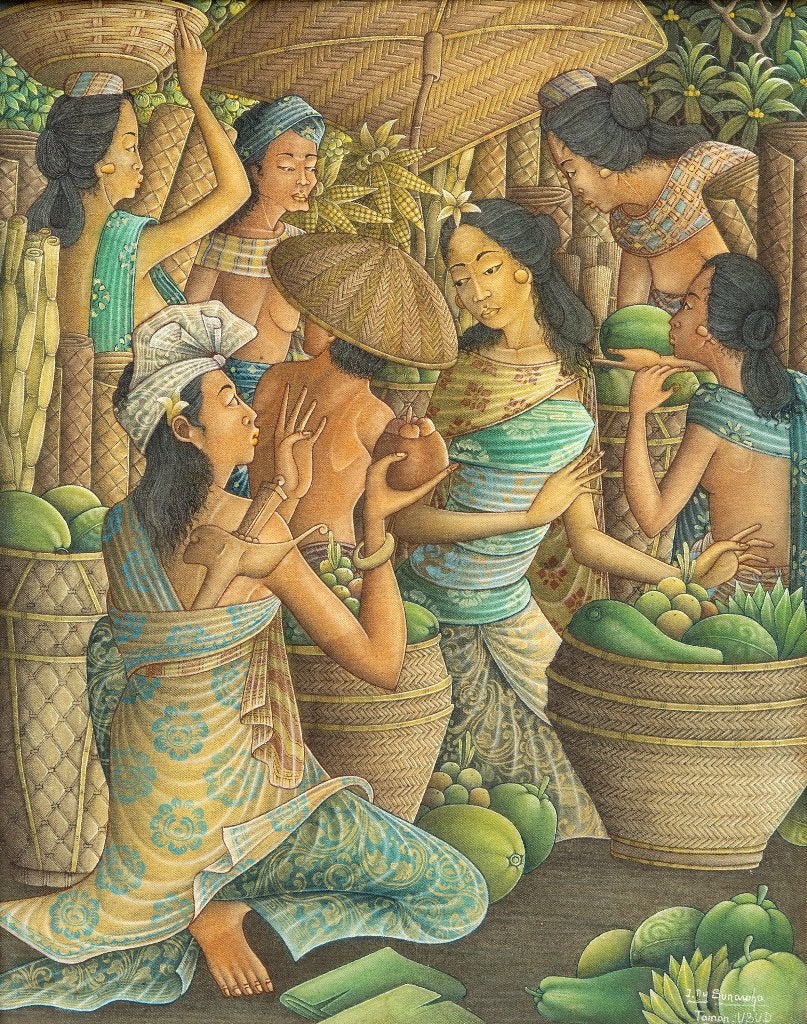 Indonesisch Groentemarkt i. Ny. Sunawaha Taman Ubud ca 1960, Ophalen, Acrylverf, Doek, Bijzondere lijst