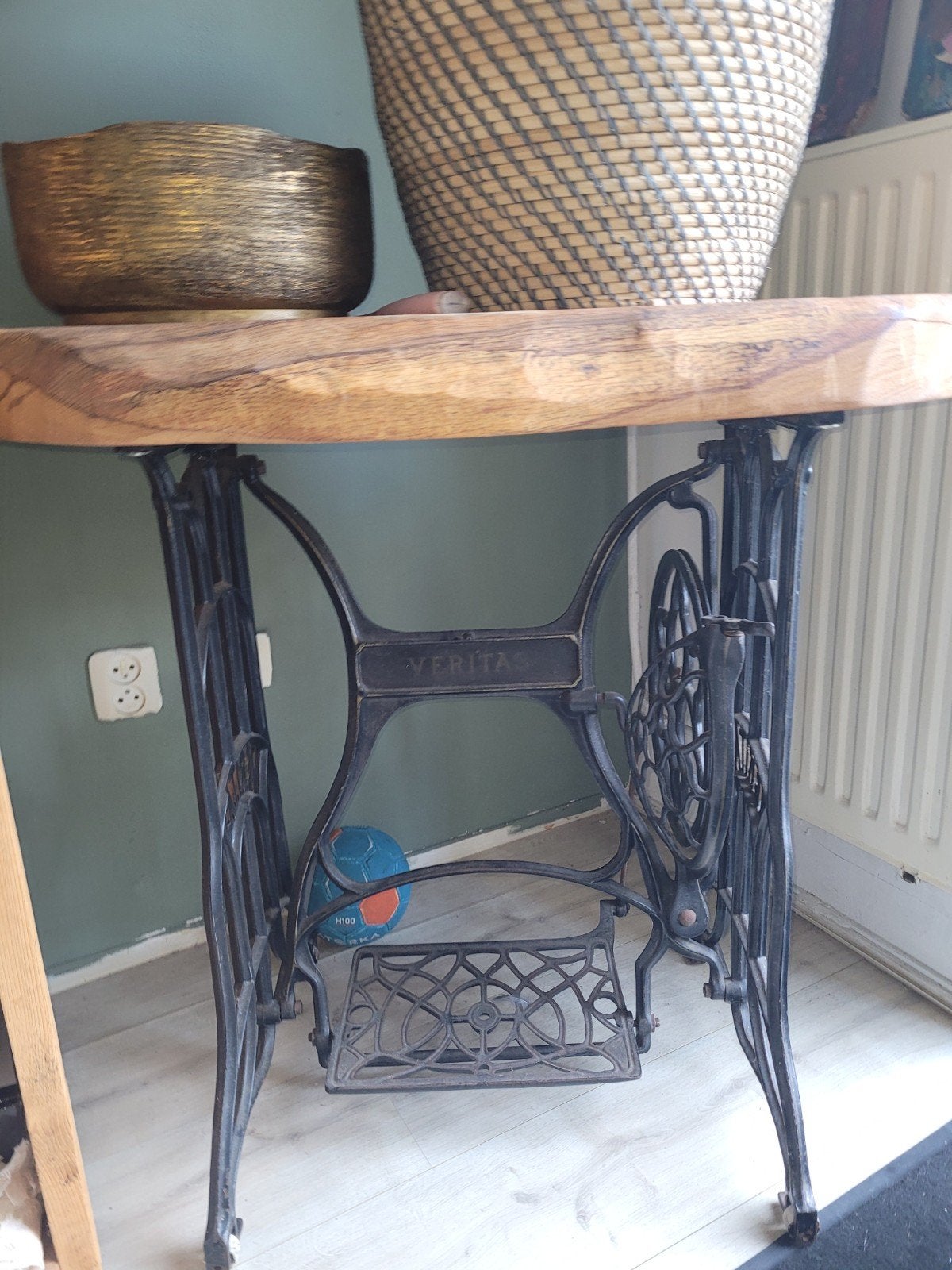 Unieke tafel met vintage naaimachine onderstel, Ophalen of Verzenden