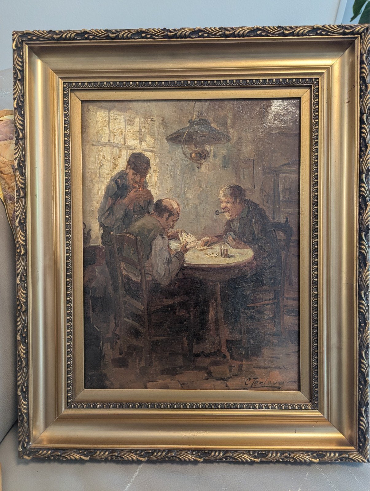 Olieverfschilderij: Kaartspelende Mannen, gesigneerd, Antiek en Kunst, Ophalen, Doek, Portret of Personen, Realistisch