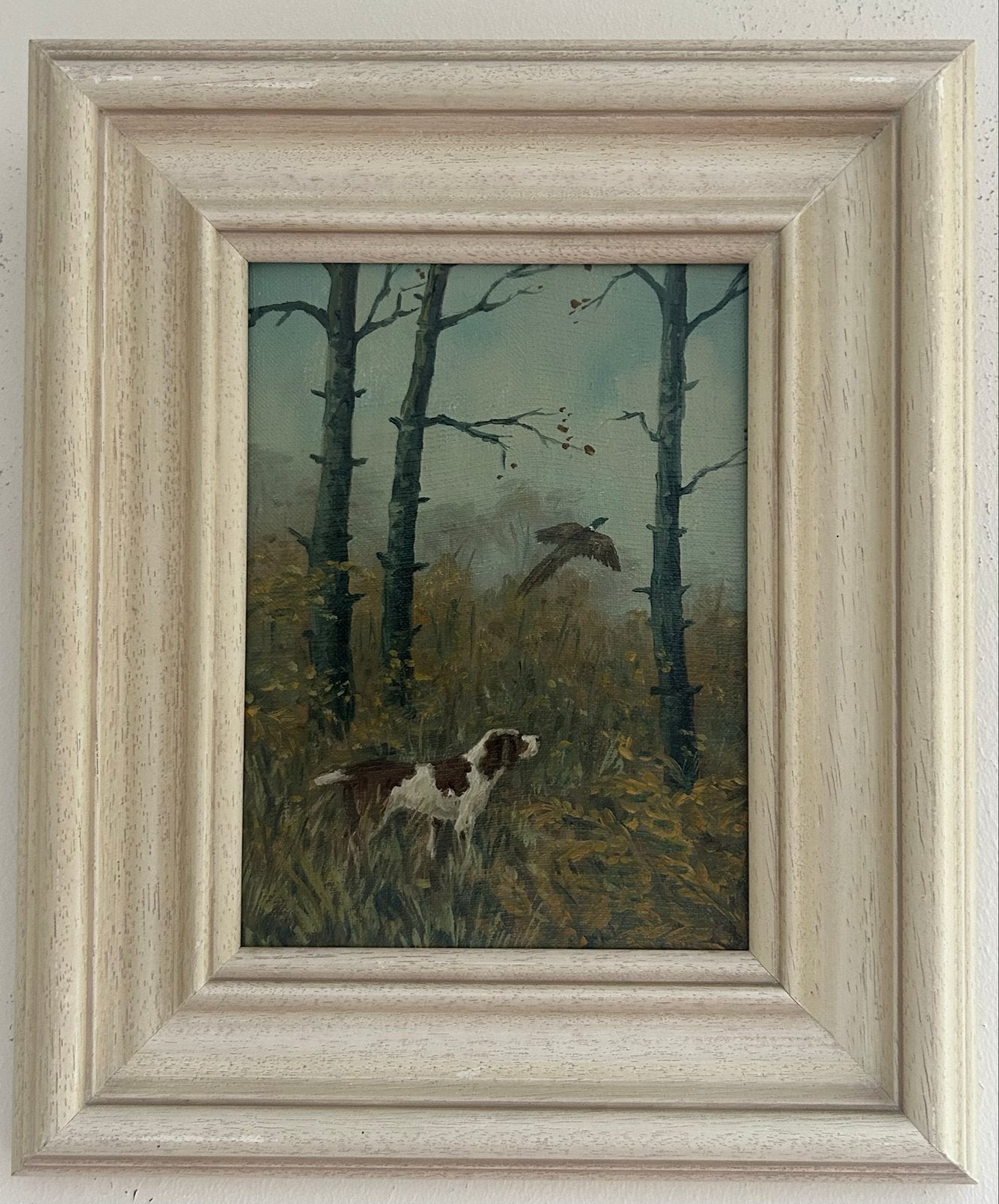 Origineel Schilderij op Doek - Jachthond en Fazant, Doek, Realistisch, Dieren, Ophalen of Verzenden