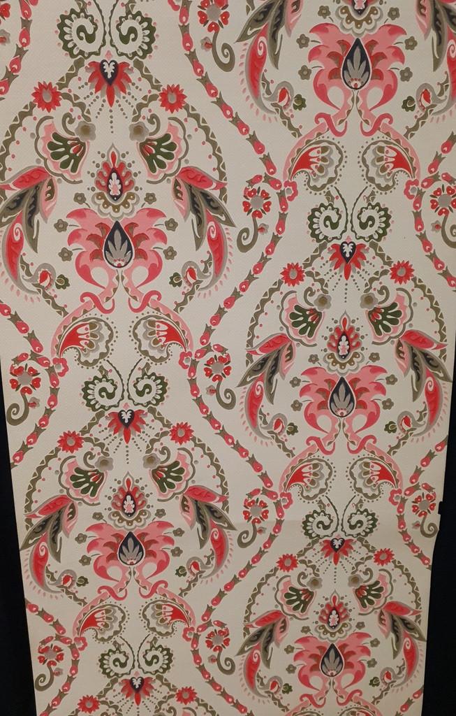 13725 Roze barok behang op beige met groene details swiet, Verzenden, Beige