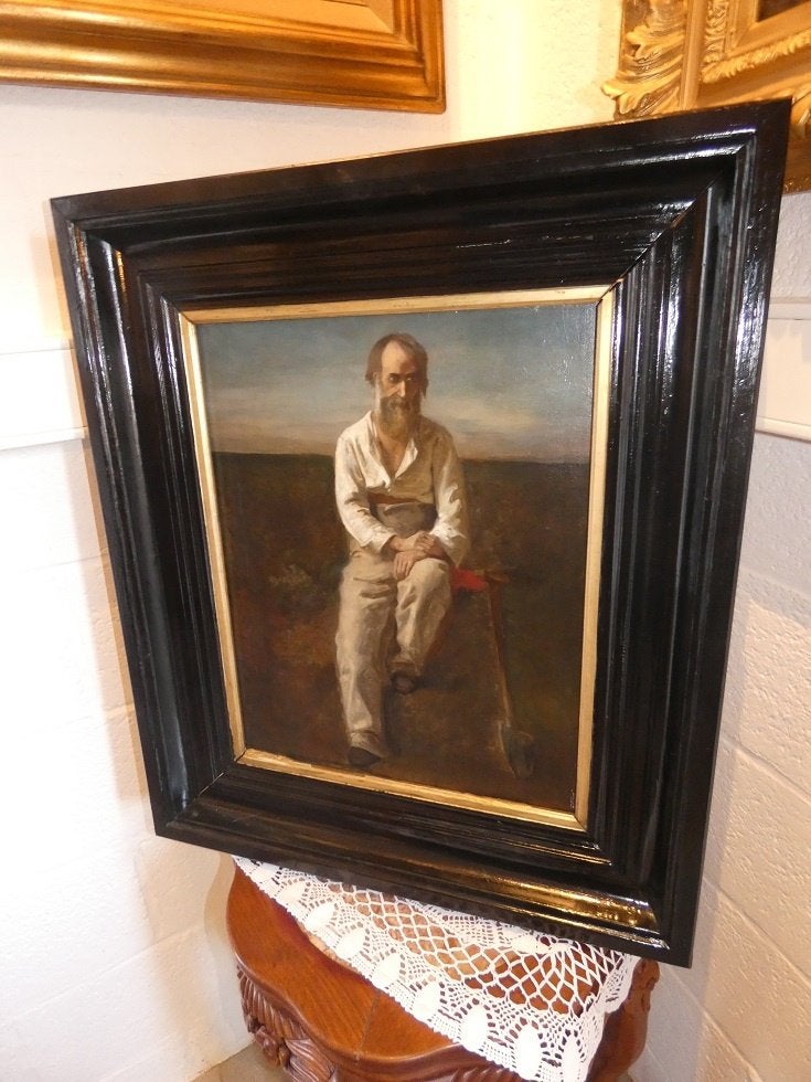 19de eeuws paneel "rustende landbouwer"., Ophalen of Verzenden, Portret of Personen