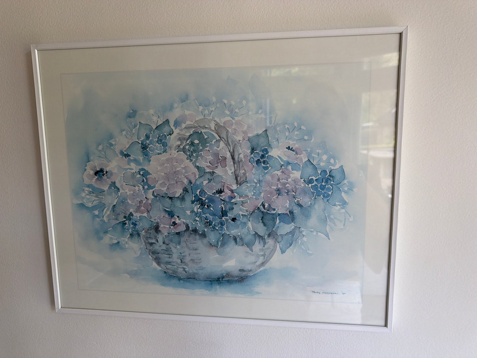 Aquarel bloemenmand van Trudy Huyskamp (1990), Ophalen of Verzenden, Tekening, Aquarel, Gesigneerd