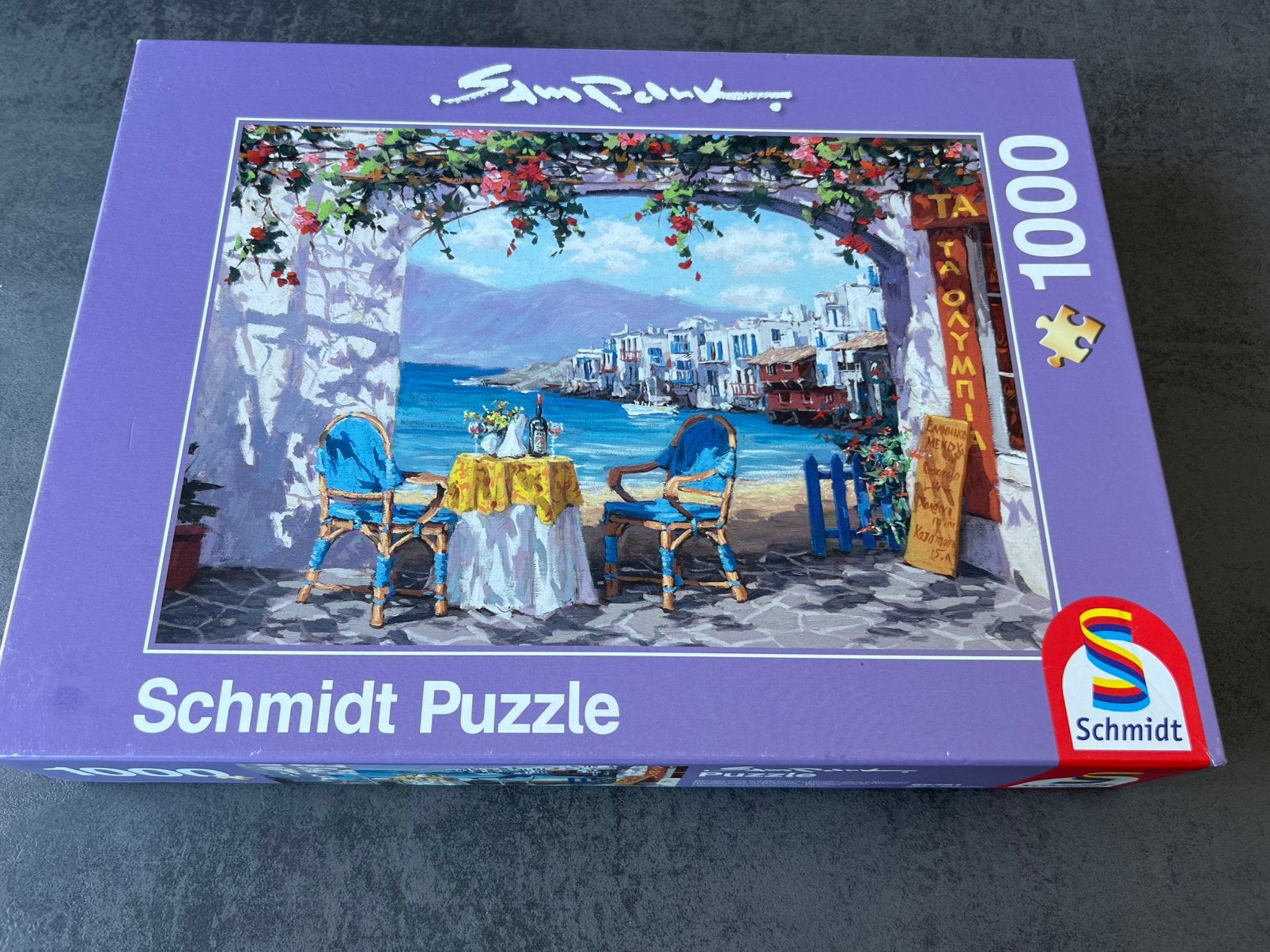 Schmidt puzzel 1000 stukjes Sam Park Rendez-vous op Mykonos, Ophalen of Verzenden, 500 t/m 1500 stukjes, Zo goed als nieuw