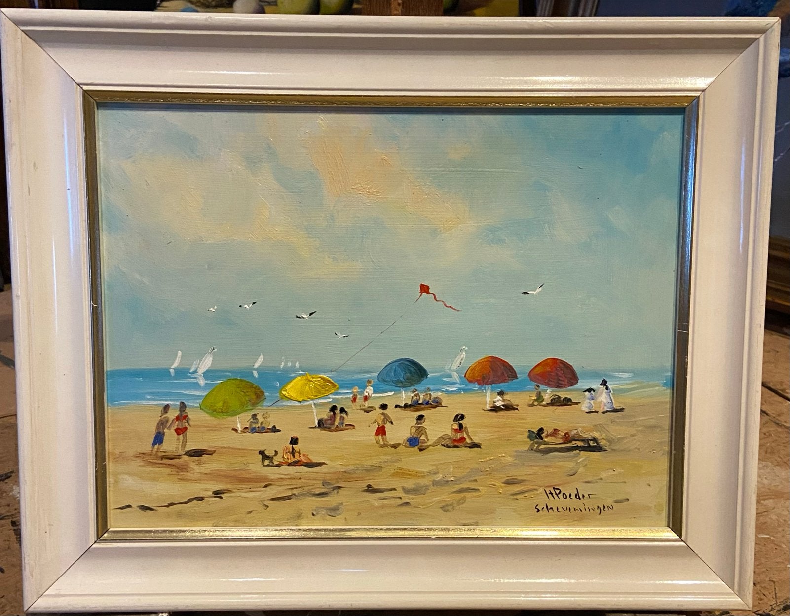 Schilderij strandgezicht Scheveningen H. Poeder, Landschap, Hout, Verzenden, Gesigneerd