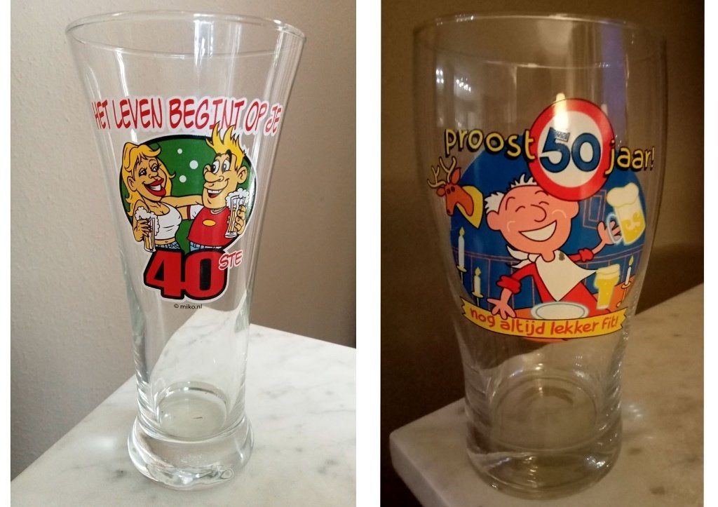 2 Kroonjaar Bierglazen 40 en 50 Jaar, Ophalen of Verzenden, Zo goed als nieuw, Glas of Glazen, Overige merken