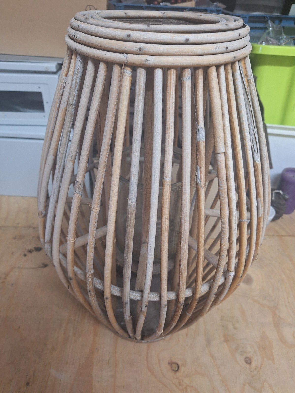 Decoratief windlicht van bamboe met glazen houder, Ophalen, Beige, Natuurlijk materiaal, Landelijk