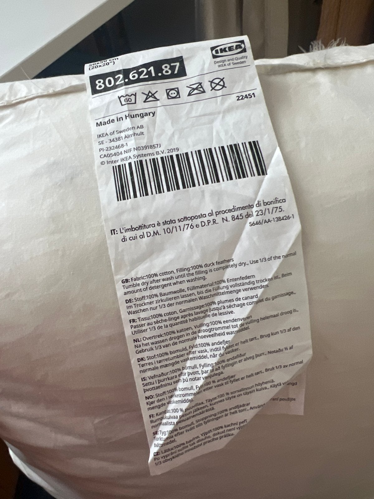 IKEA Kussen met eendenveren vulling, 100% katoen, Ophalen of Verzenden, Gebruikt, Wit