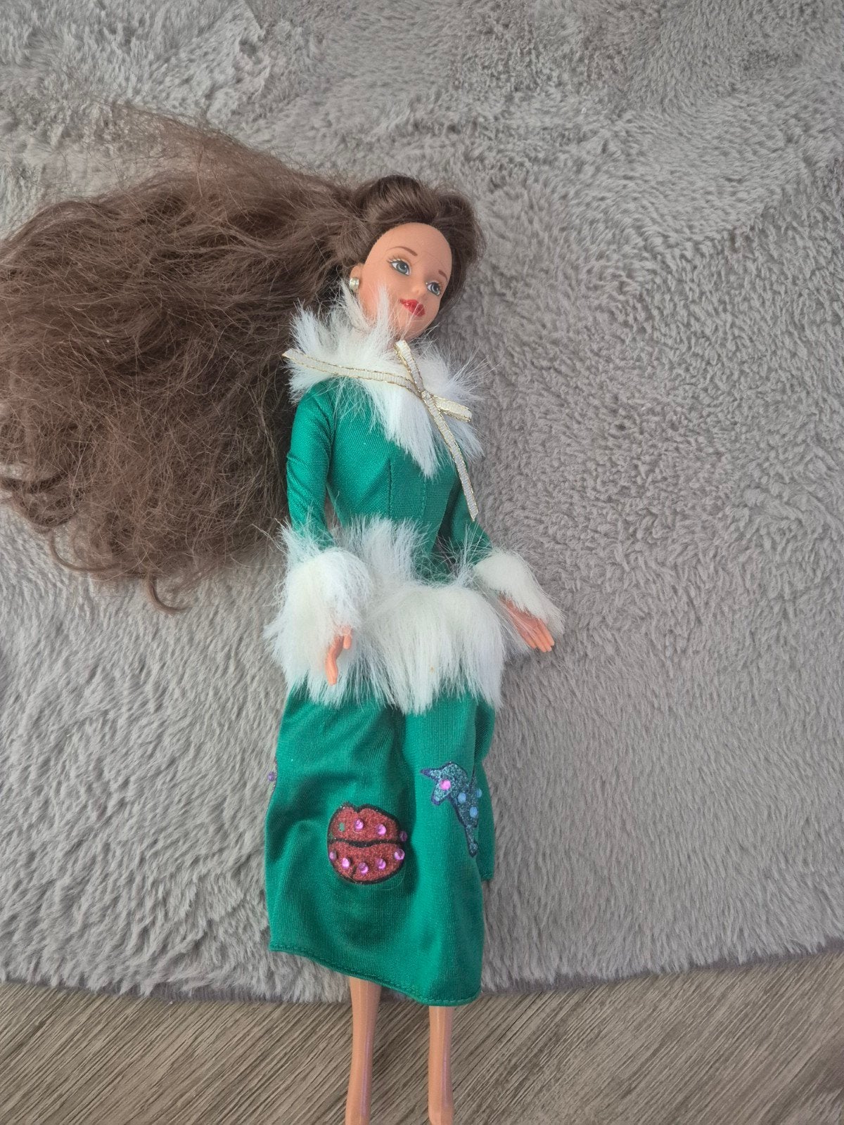 Vintage Belle Barbie pop in groene jurk met bontkraag, Ophalen, Gebruikt, Barbie
