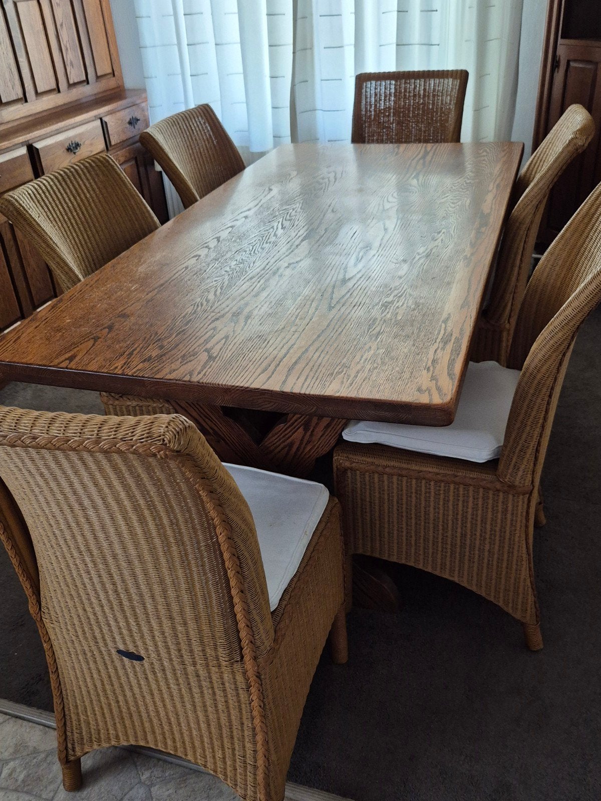 Massief essen keukentafel met zes rieten stoelen., Ophalen, Gebruikt, Bruin, 150 tot 200 cm