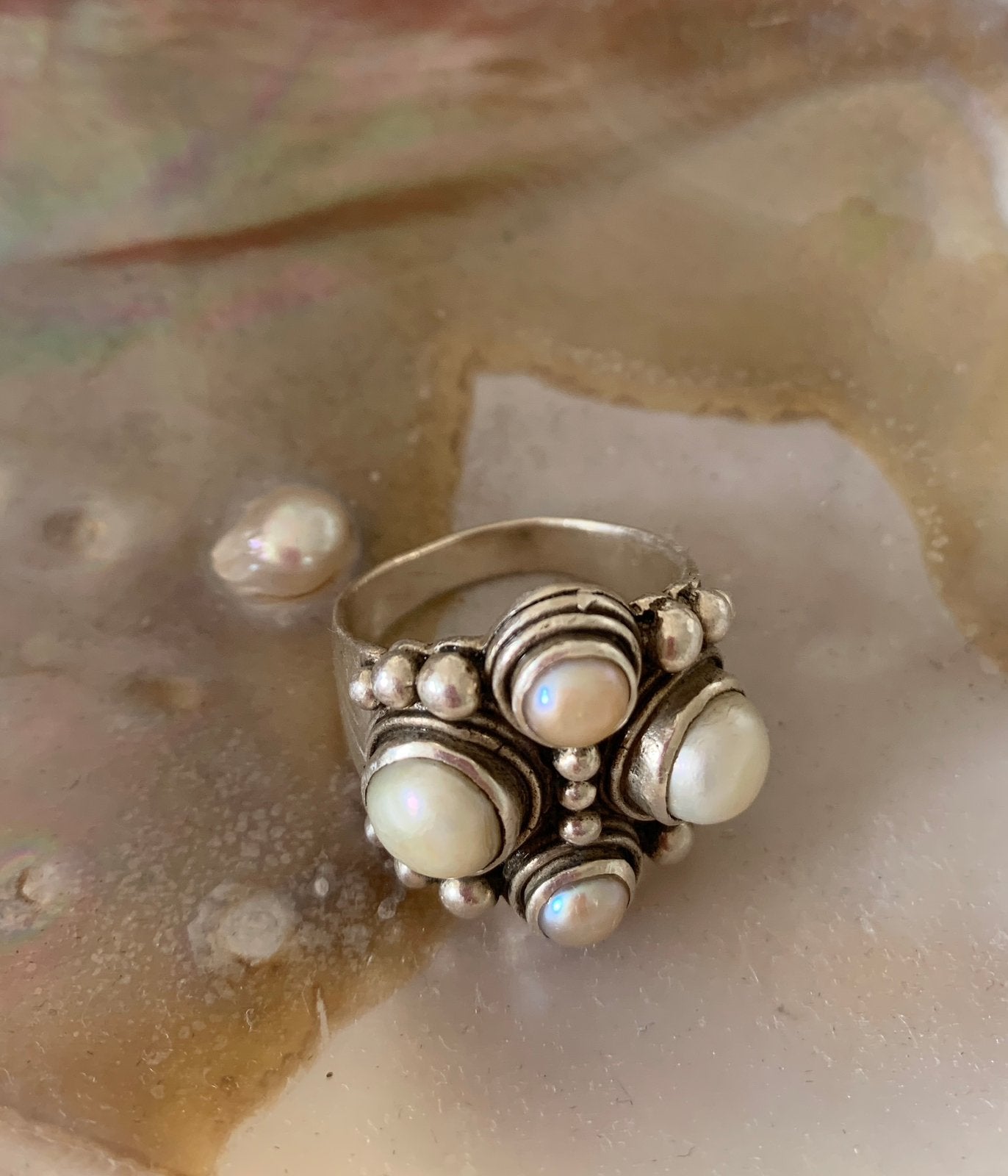 Mooie (sterling) zilveren ring met zoetwaterparels, Sieraden, Tassen en Uiterlijk, Bedels, Ophalen of Verzenden, Zo goed als nieuw