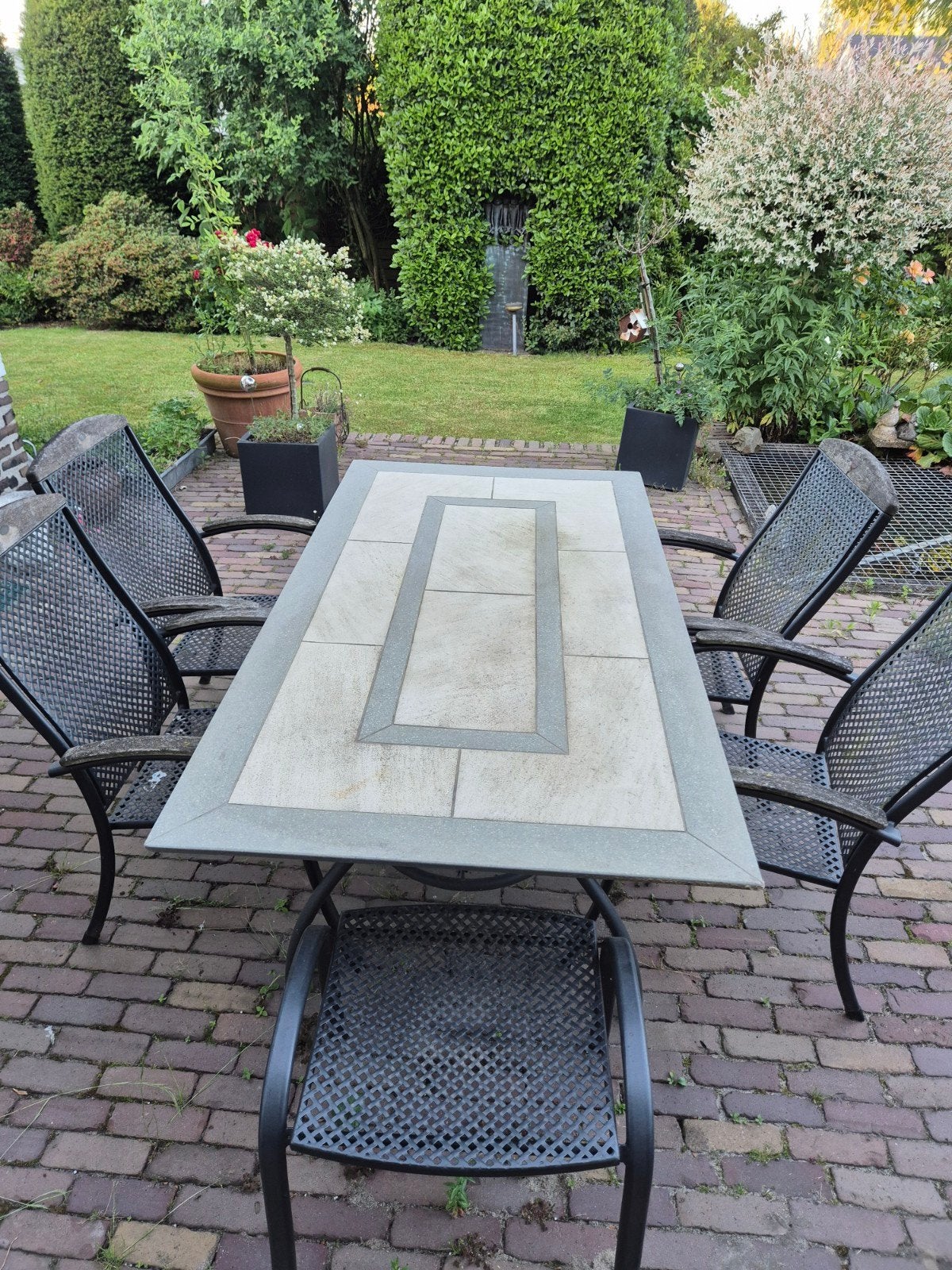 Tuinset met granieten tafel inclusief kussens, Tuin en Terras, Tuinsets en Loungesets, Ophalen, Gebruikt, 6 zitplaatsen, Eettafel