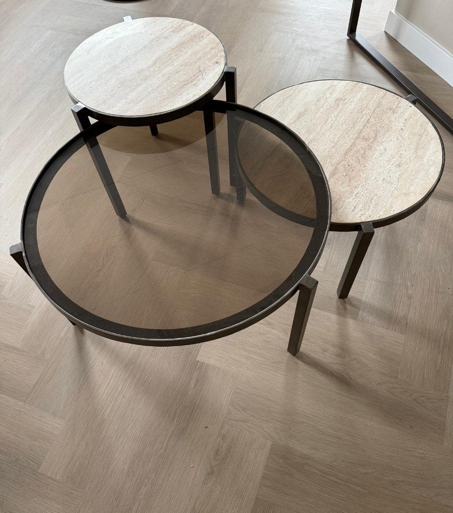 Ronde salontafel set | Glas & travertin | Design | Outlet, Ophalen, 3194DD, 50 tot 100 cm, Nieuw