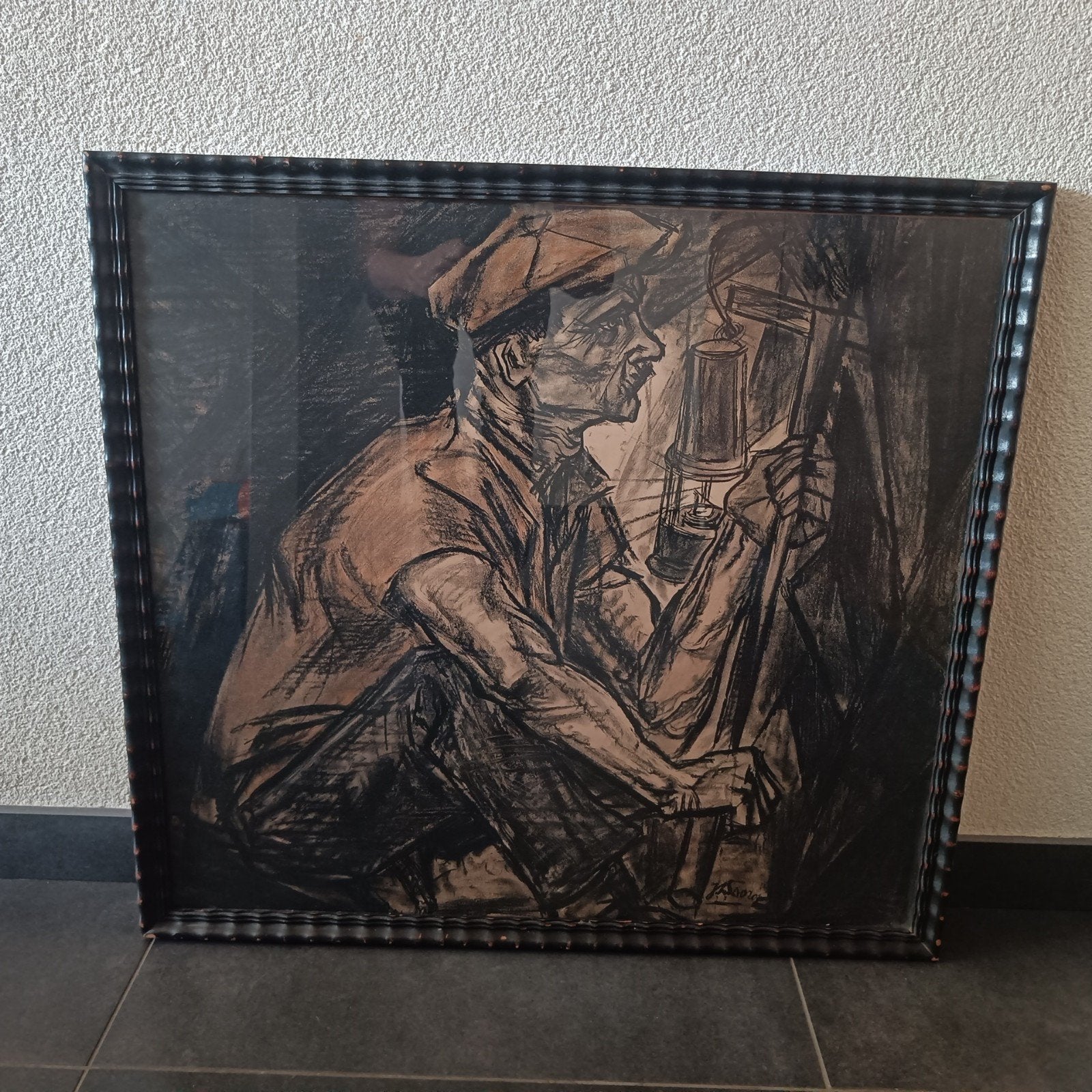 Vintage tekening van mijnwerker in lijst, Antiek en Kunst, Ophalen