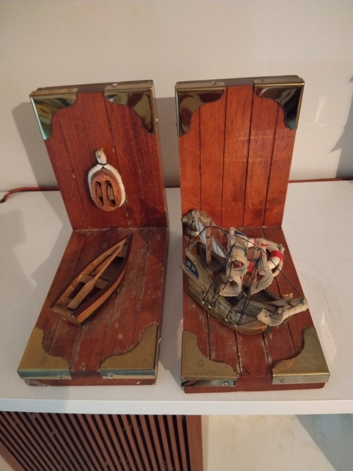 Vintage Houten Boekensteunen – Nautisch Maritiem met Schepen, Huis en Inrichting, Woonaccessoires | Overige, Gebruikt, Ophalen of Verzenden