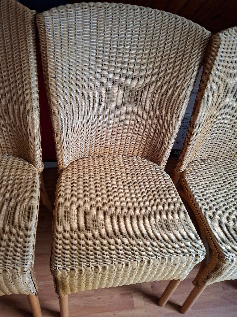 Vier Lloyd Loom classic caramel eetkamerstoelen, Ophalen, Gebruikt, Bruin, Riet of Rotan