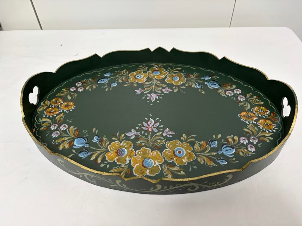 Vintage Groen Dienblad met Bloemmotief hindelooper, Ophalen of Verzenden