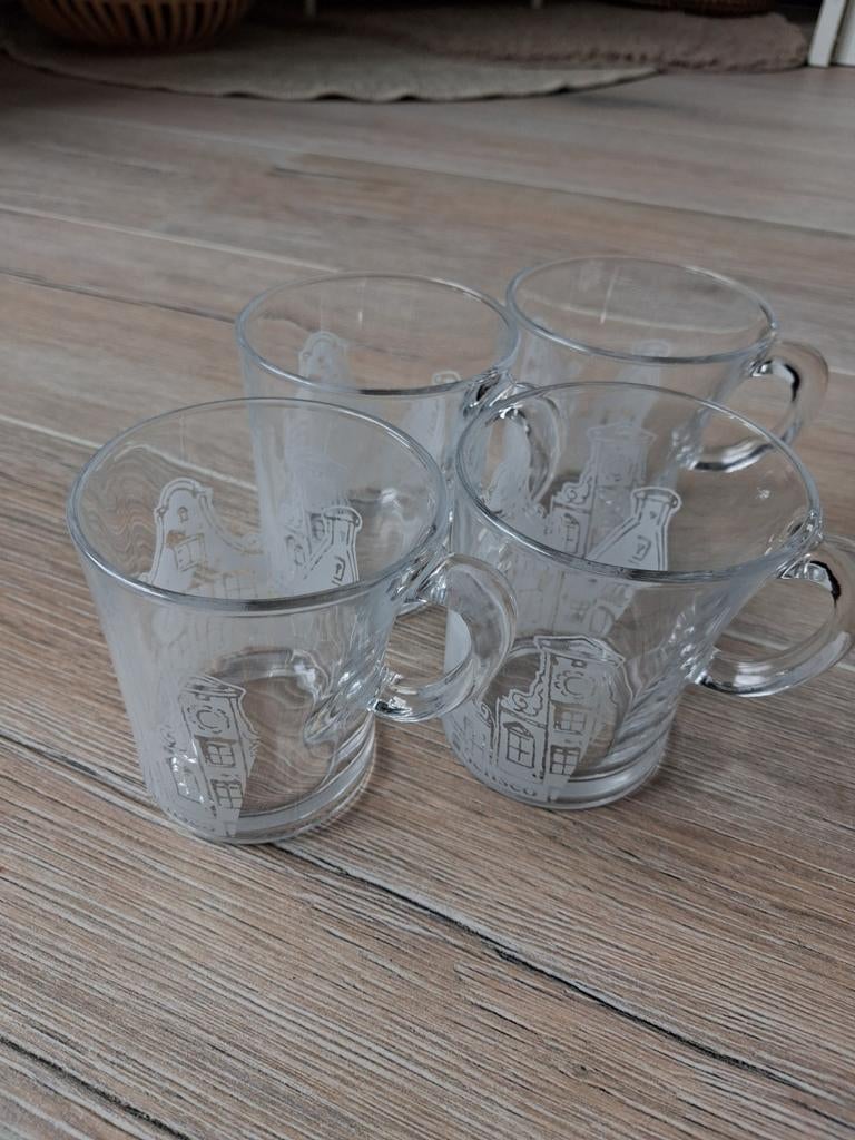Senseo glazen met grachtenpandjes - set van 4, Huis en Inrichting, Keuken | Servies, Glas of Glazen, Ophalen of Verzenden, Overige stijlen