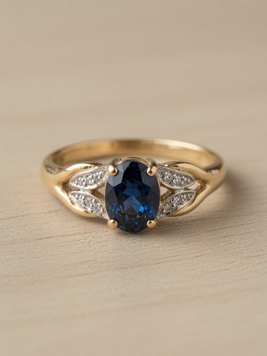 18k Geelgouden Ring met Diamant & Saffier - Maat 17.9, Gebruikt, Ophalen of Verzenden, 17 tot 18, Met edelsteen