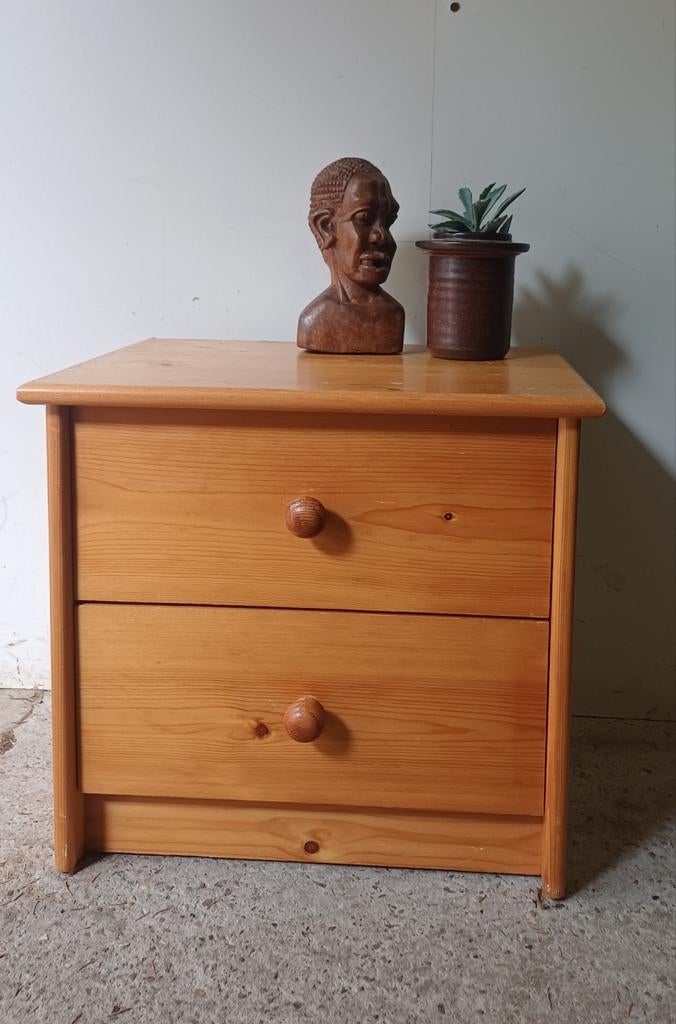 Vintage grenen kastje of nachtkastje met twee lades, Ophalen, Gebruikt, Minder dan 45 cm