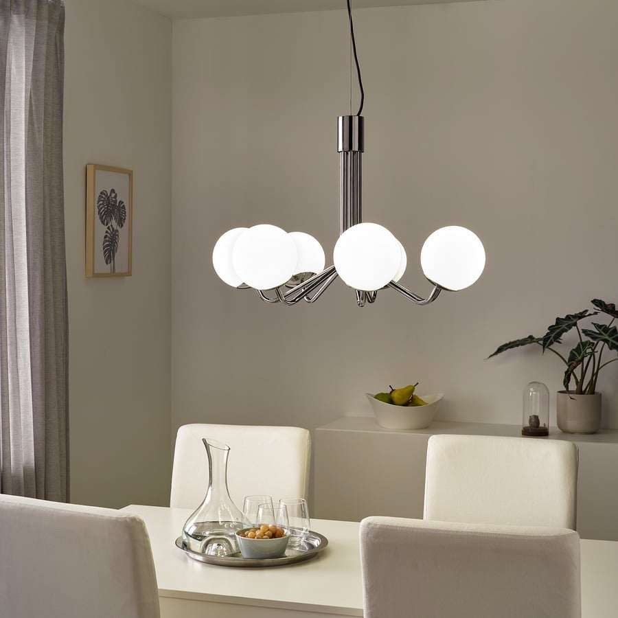 IKEA SIMRISHAMN Kroonluchter 7-armig chroom/opaal wit, Ophalen, Zo goed als nieuw, Glas, E14 (klein)