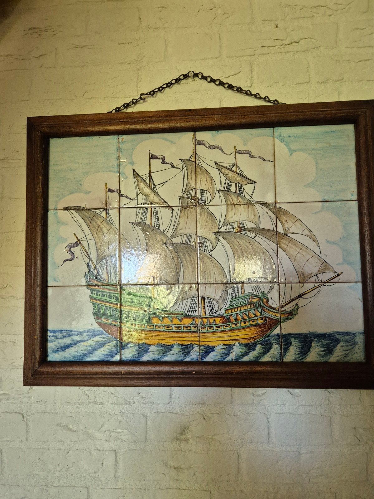 Antiek 18-eeuws tegel tableau met Portugees zeilschip, Ophalen