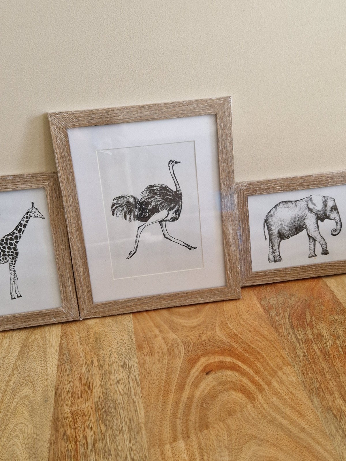 Set van 3 ingelijste dierenprints, Bruin, Nieuw, Met afbeelding, Hout