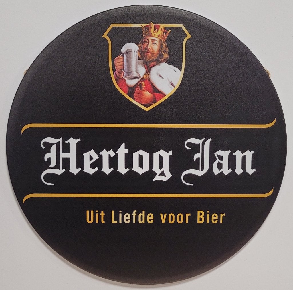 Hertog Jan logo rond zwart reclamebord van metaal wandbord, Ophalen of Verzenden, Nieuw, Reclamebord, Plaat of Schild, Overige merken