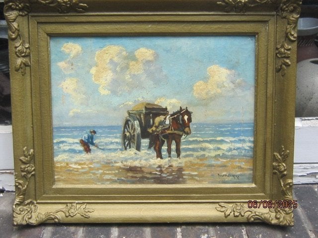 Jan F.Pannebakker, Mooi strandgez.met schelpenvisser, Antiek en Kunst, Ophalen, Maritiem / water
